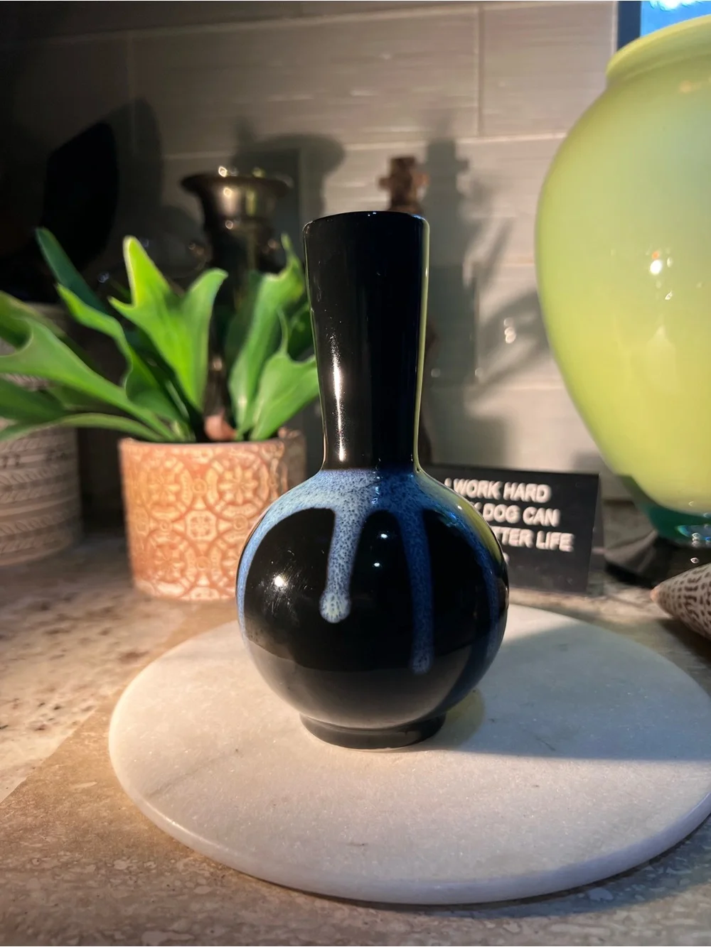 Vintage Handmade Blue and Black Ceramic Bud Vase - no cracks